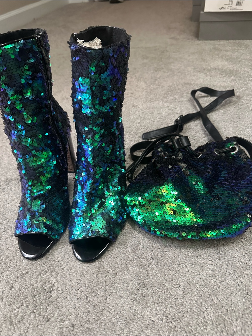 Jessica Simpson Iridescent Green-Blue Sequin Peep-Toe Heeled Boots/Sequin Bag